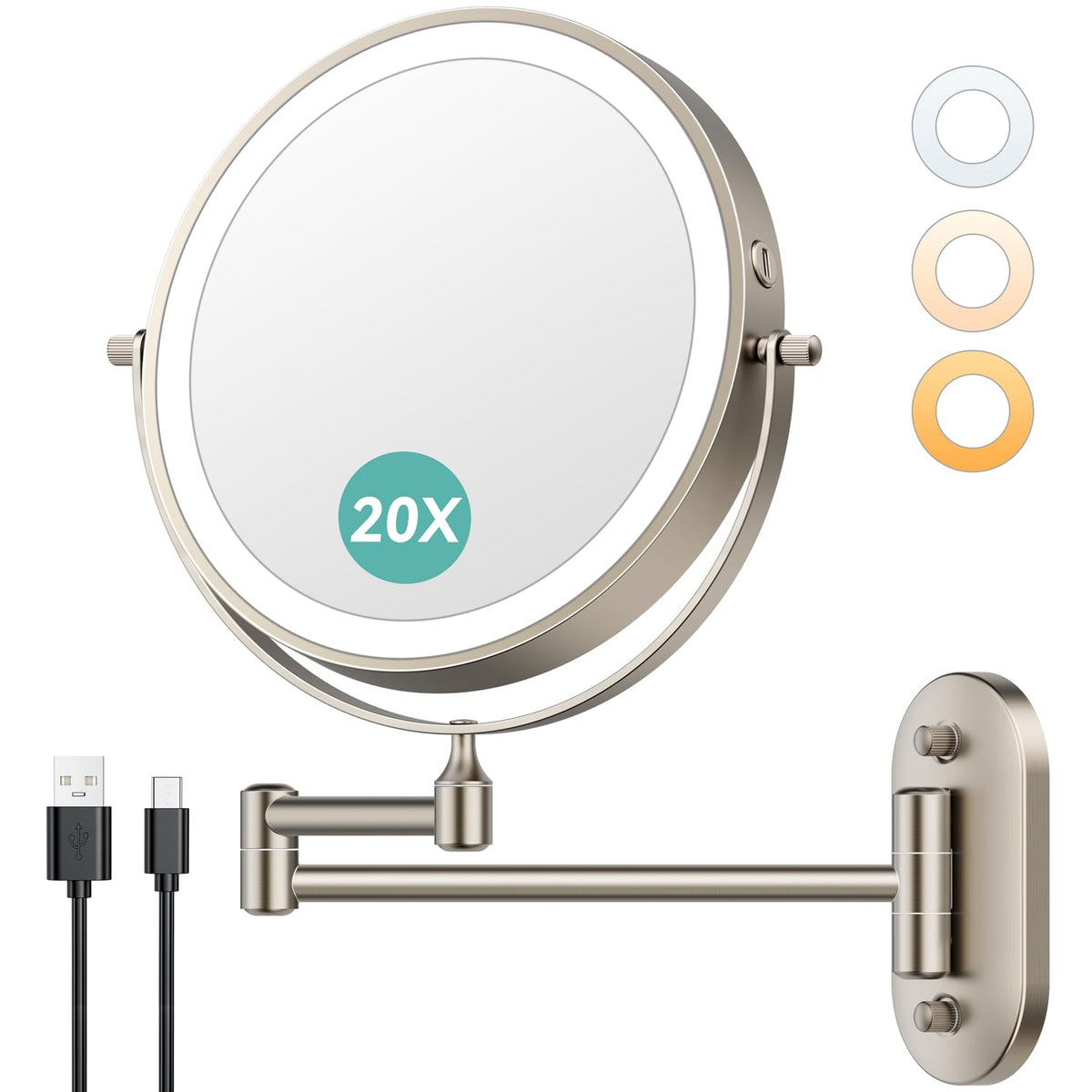 Auxmir 1X/20X Wall Mounted Makeup Mirror, 8" Rechargeable Magnifying Mirror