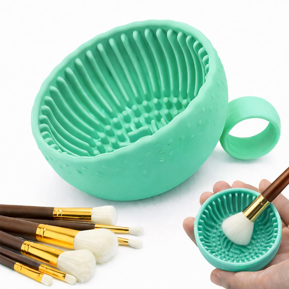 Silicone Makeup Brush Cleaner Bowl, Portable Brush Washing Tool with Textured Cleaning Pad, Compact Makeup Cleaning Bowl for Brushes, Sponges & Puffs (Purple)