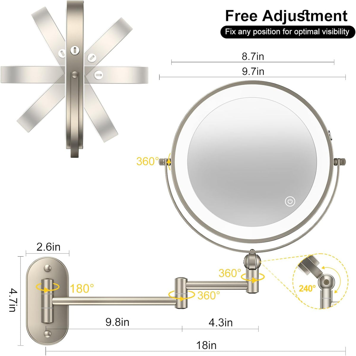 IMIKONA 9" Wall Mounted Lighted Makeup Mirror,4000mAh Rechargeable Double Sided 1X/10X Magnifying Mirror with Light,3 Color Lights,Touch Dimmable,Extended Arm 360 Rotation Wall Mounted Makeup Mirror