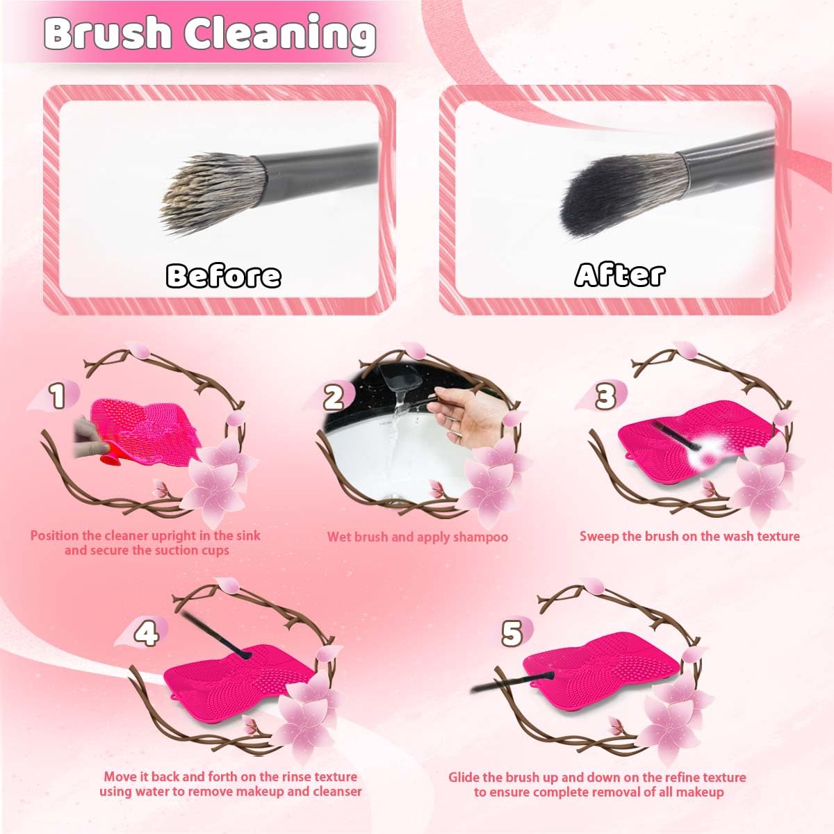 2 Pack Silicone Makeup Brush Cleaner Pad with Suction Cup, 8 Textures, Stable, YalsFTY Makeup Brush Cleaning Mat with Suction Cup (Rose and Purple)