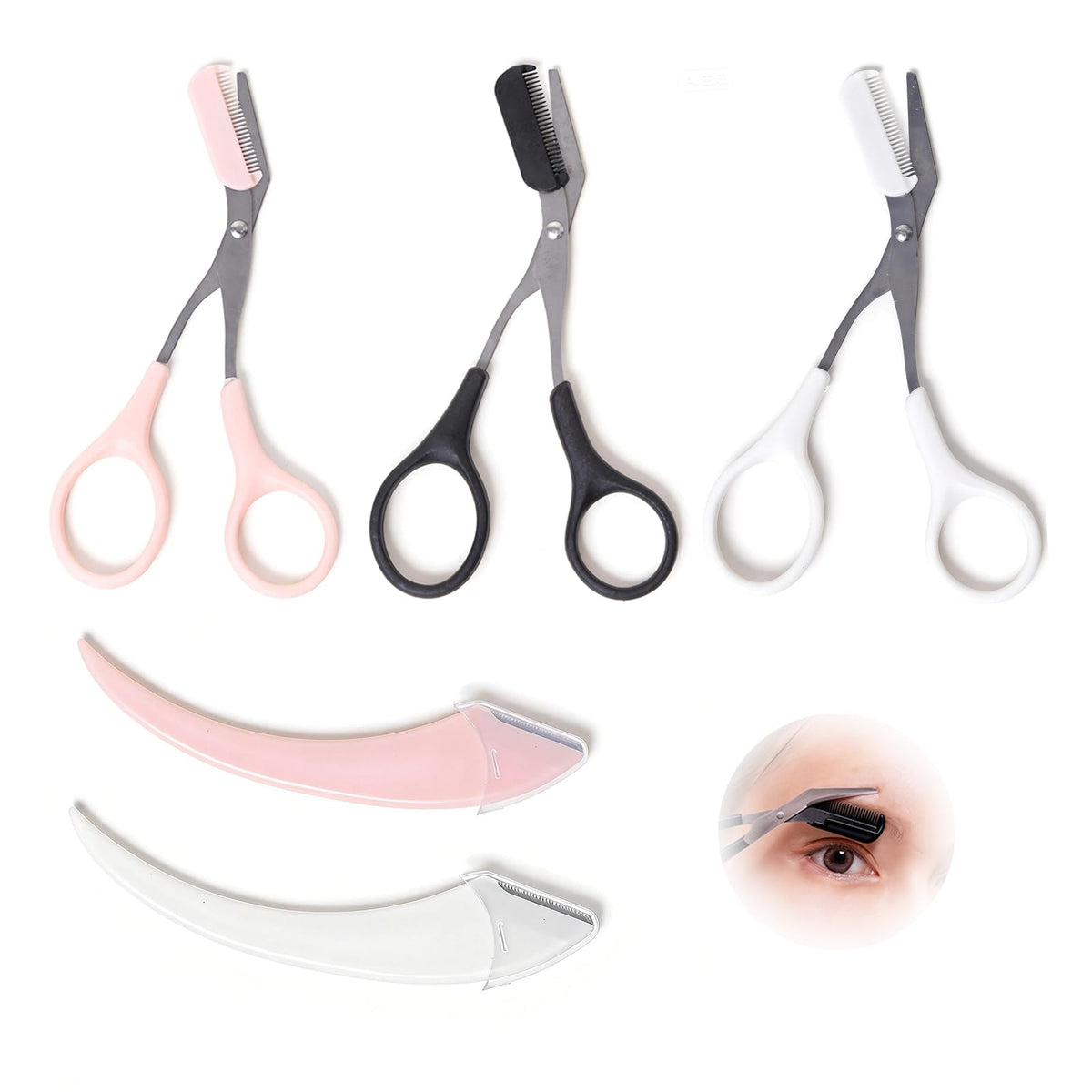 3Pack Eyebrow Scissors with Comb,Stainless Steel Eyebrow Trimmer Scissors with Eyebrow Razor for Beginner,Women & Men,Portable Grooming Hair Removal Beauty Set (Black, Pink)