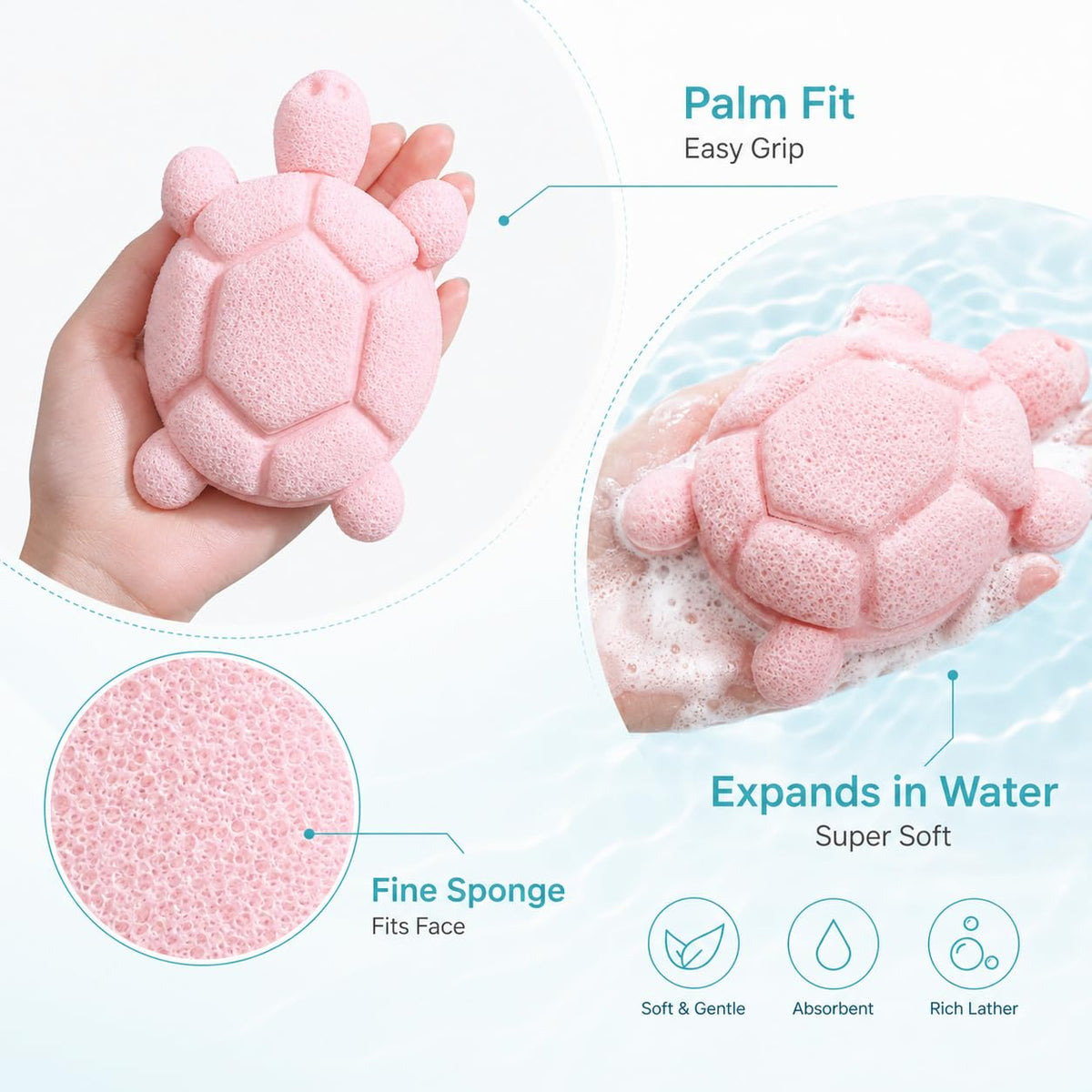 Cute Turtle Facial Sponge, Soft Reusable Face Scrubber Exfoliator, Gentle Makeup Remover & Daily Cleansing Sponge, Ideal for Sensitive Skin (4, MultiColor)