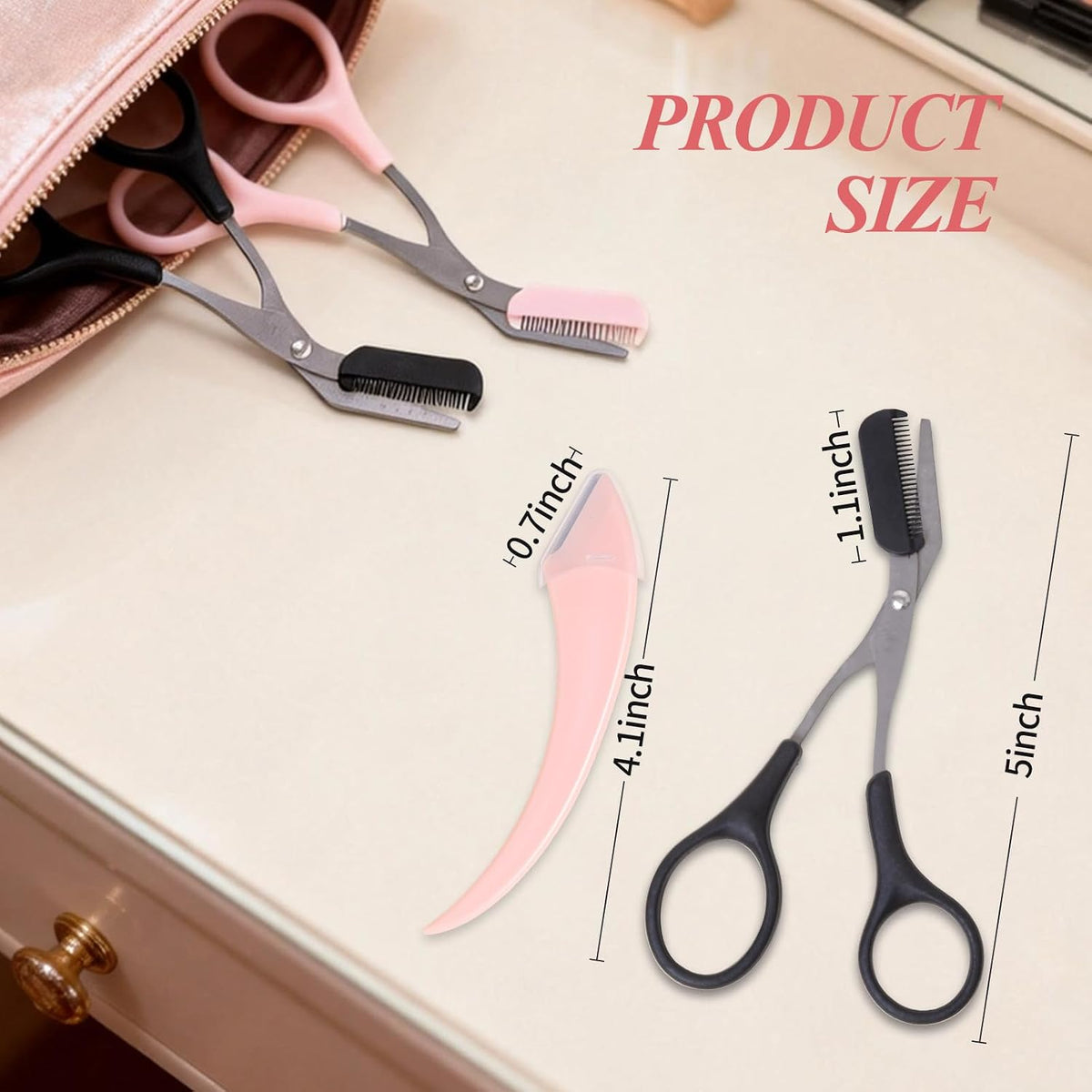 3Pack Eyebrow Scissors with Comb,Stainless Steel Eyebrow Trimmer Scissors with Eyebrow Razor for Beginner,Women & Men,Portable Grooming Hair Removal Beauty Set (Black, Pink)