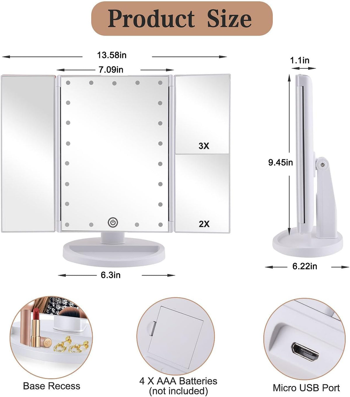 Flymiro Tri-fold Lighted Vanity Makeup Mirror with 3x/2x Magnification,Light up Mirror for Makeup,Touch Screen 21 LEDs,180° Rotation Countertop Cosmetic Mirror,Gifts for Women Mom Teen Girls