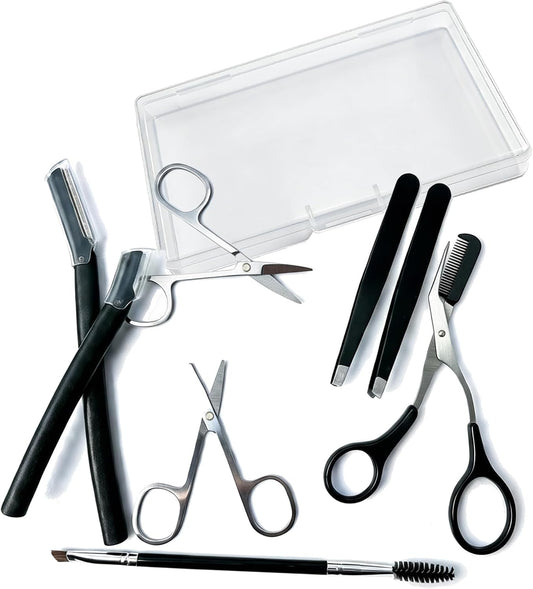 8 Pcs Eyebrow Kit, with Small Eyebrow Scissors with Comb,Eyebrow Razor Kit, Eyebrow Tweezers, Stainless Steel Nose Hair Scissors, Double-ended eyebrow Brush,Travel Size or Home, Gifts, Black