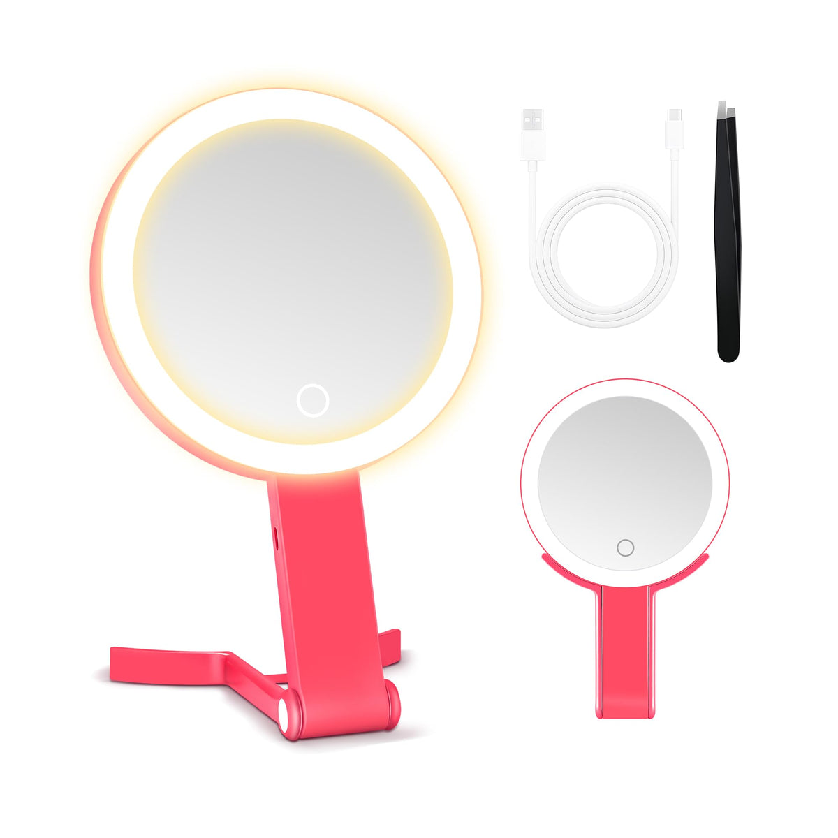 MIYADIVA Travel Makeup Mirror with Lights, Height Adjustable 30X/1X Double-Sided Magnifying Mirror, Portable Vanity Mirror with Digital Display & Phone Holder, Handheld Tabletop Hanging, Rose Gold
