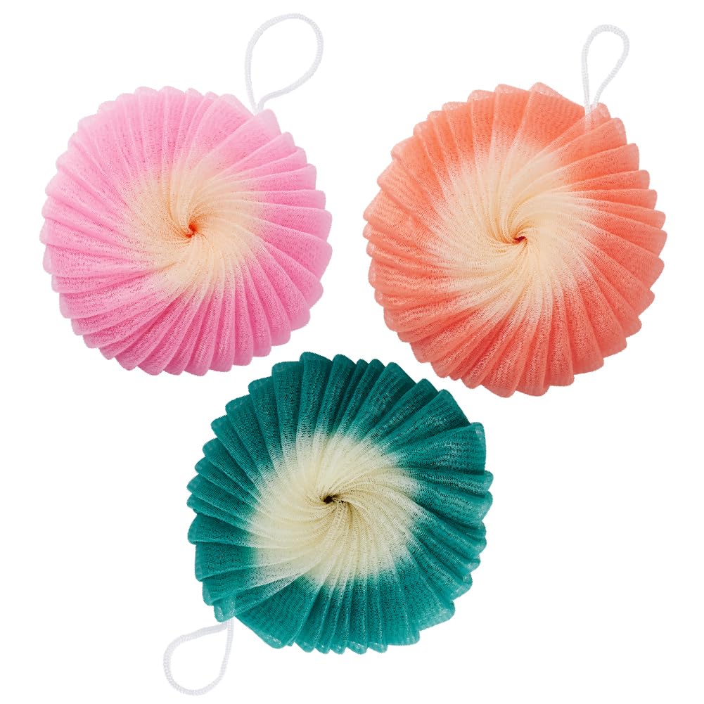 Éclat Mesh Bath Sponge Loofah Ball, Soft Exfoliating Body Scrubber for Wash, Rich-Lather Nylon Net Puff with Quick-Dry Hanging Loop, Gentle Daily Cleanser (Pink/Grey, 2Pcs)