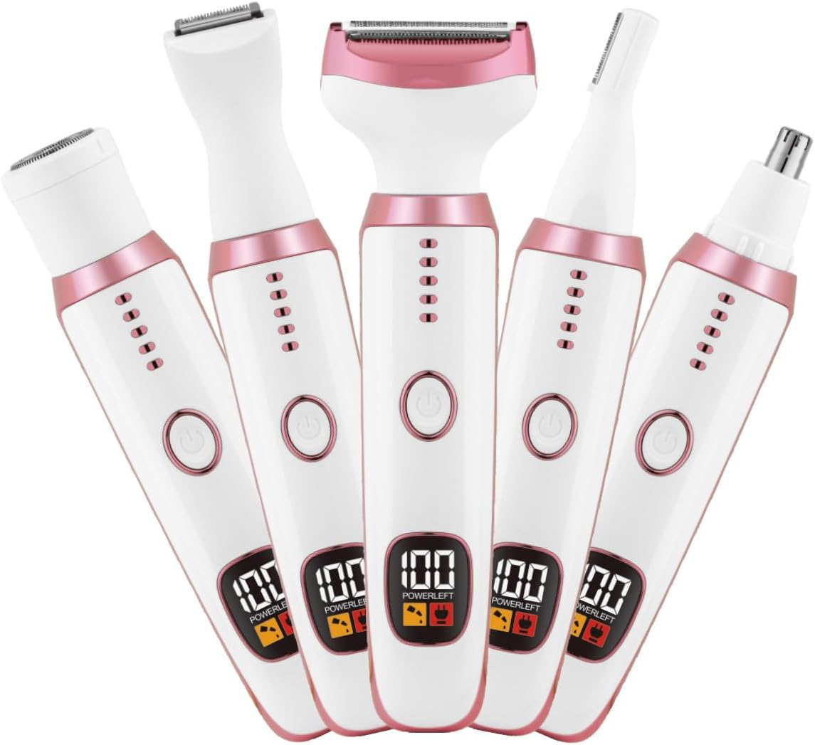 Electric Razors for Women, Bikini Trimmer for Women 5 in 1 Body Shaver for Nose Hair Face Eyebrow Arms Legs Armpit Underarm Pubic Area, Replaceable Lady Facial Razor Painless USB Charge Female Gift