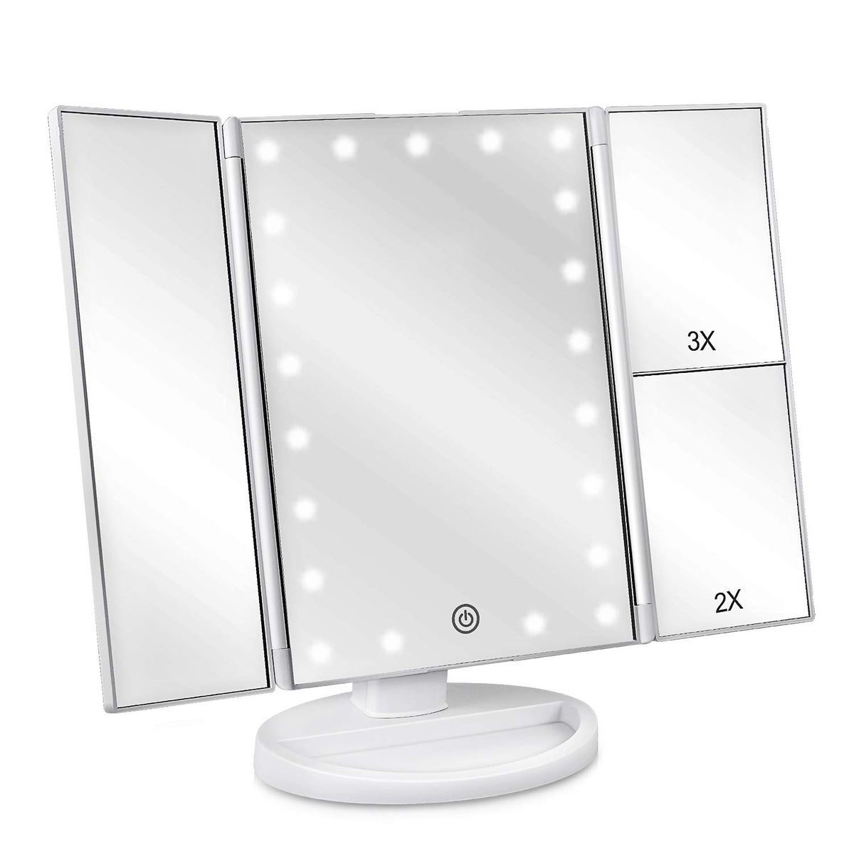 deweisn Dresser Mount Tri-Fold Lighted Vanity Mirror with 21 LED Lights, Touch Screen and 3X/2X/1X Magnification, Two Power Supply Modes Make Up Mirror,Travel Mirror