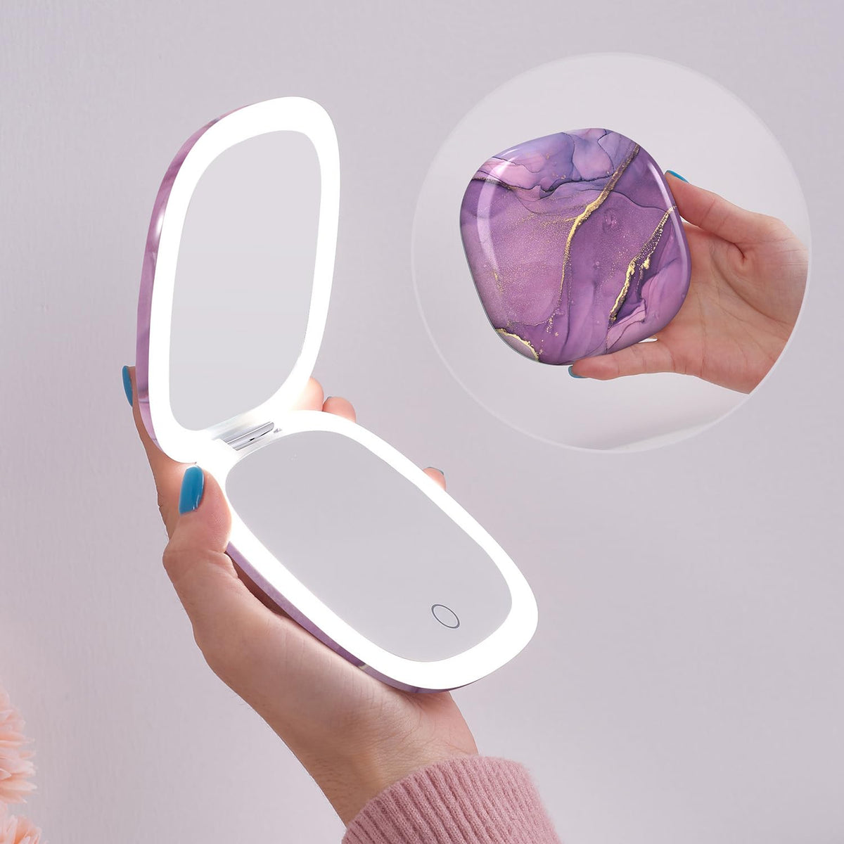 Mocado Compact LED Magnifying Travel Makeup-Mirror - 4 inches 1X/10X Magnification Small Hand Pocket Dimmable Double Sided USB Rechargeable Touch Screen, Portable Tabletop Cosmetic (Rose Gold)
