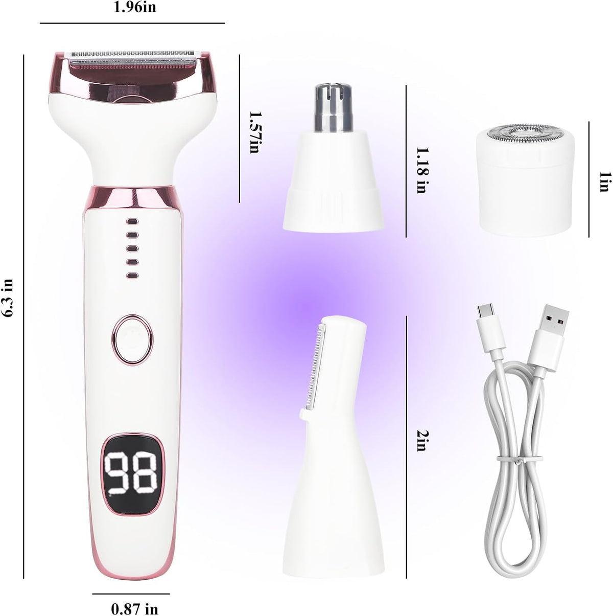 2026 Electric Razor for Women Men,4 in 1 Ladies Wet & Dry Body Razors and Facial Hair Remover,Rechargeable LED Display Hair Removal Kit for Nose Face Body Bikini Hair (White)