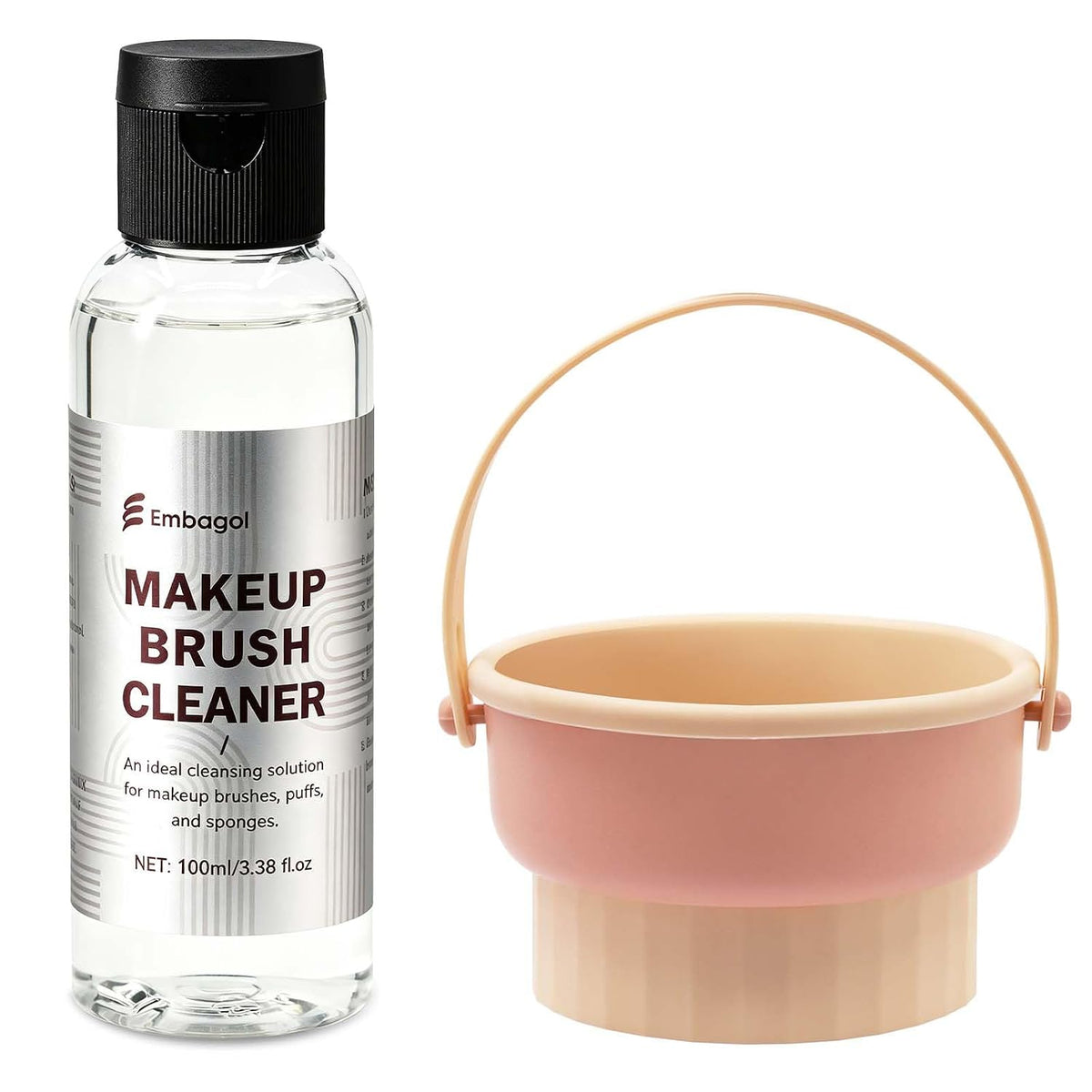 Makeup Brush Cleaner Kit with Cleaning Bowl, Make Up Brush Cleansers Solution for Sponges, Puffs and Brushes - Gentle Formula, Cruelty Free(2-pieces set, 100ml/3.38 fl oz + Khkai)