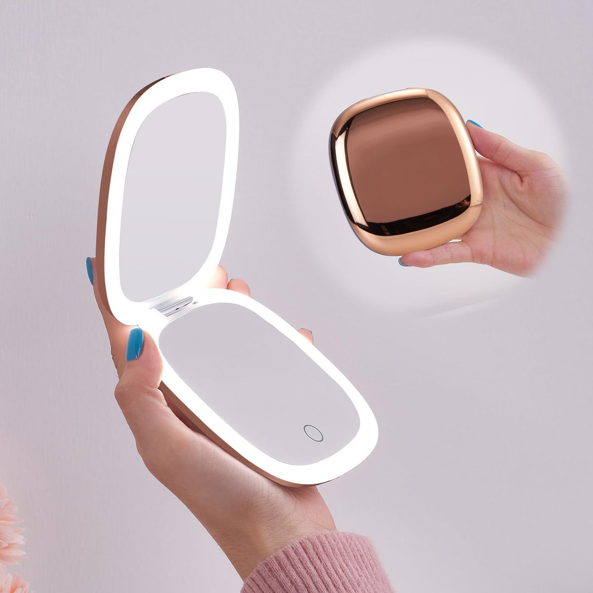 Mocado Compact LED Magnifying Travel Makeup-Mirror - 4 inches 1X/10X Magnification Small Hand Pocket Dimmable Double Sided USB Rechargeable Touch Screen, Portable Tabletop Cosmetic (Rose Gold)