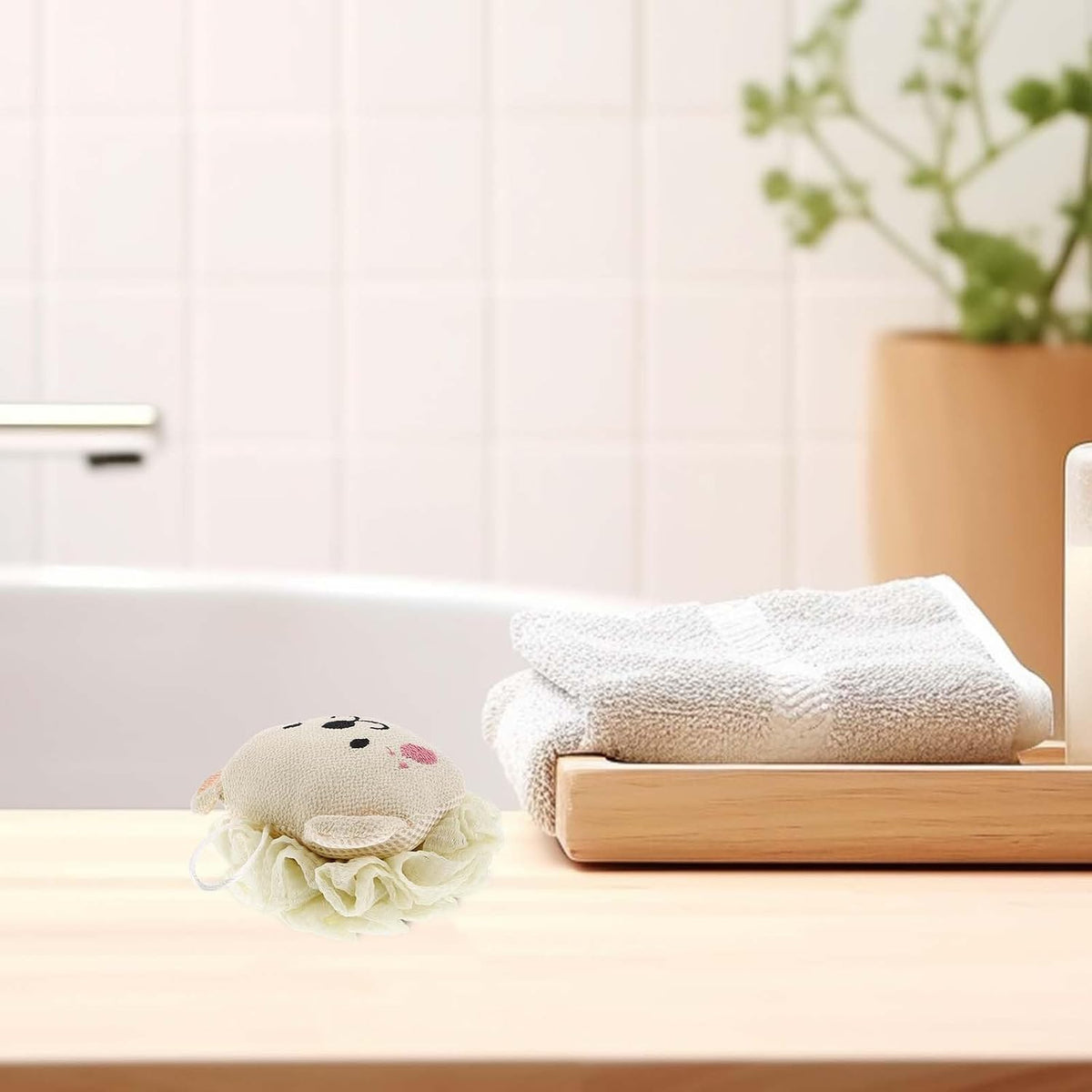 GALPADA Lion 2-in-1 Bath Puff and Body Scrubber, Cute Cartoon Shower Loofah in Light Green, Exfoliating Skin Cleanser and Bathing