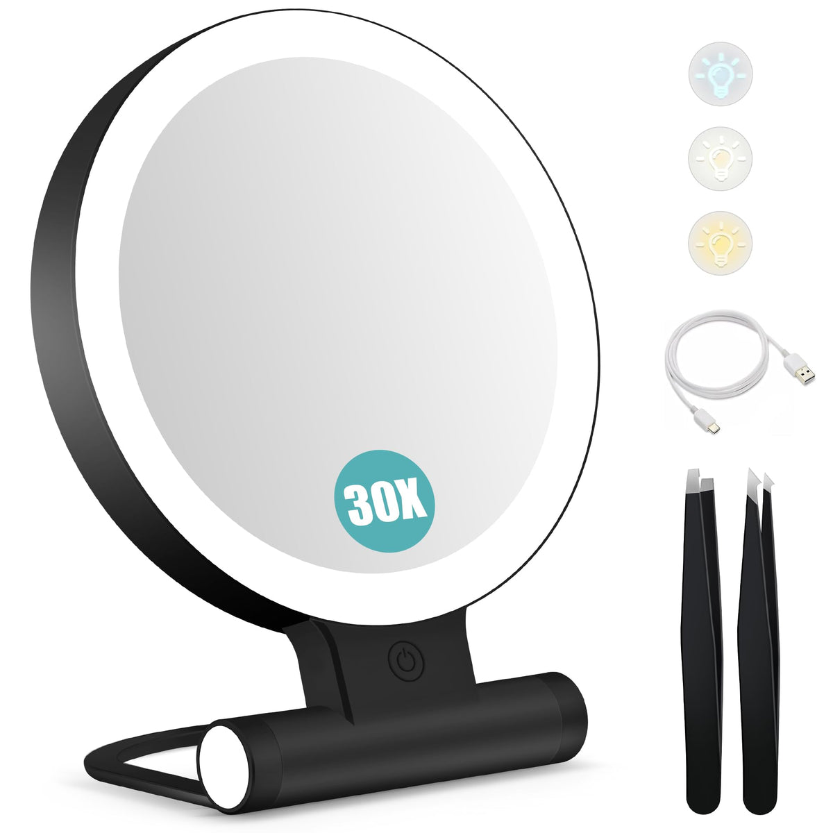 B Beauty Planet Magnifying Mirror with Light 30X, Double-Sided 1X/ 30X Magnifying Makeup Mirror with Tweezer, 2000mAh 3 Colour Modes with Adjustable Brightness,Foldable Travel Mirror(9" L x 7" W)