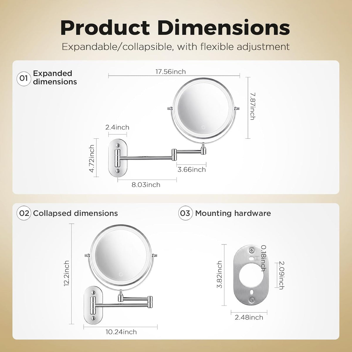 Wall Mounted Makeup Mirror, 8 Inch, 1X/30X, Rechargeable 4000mAh