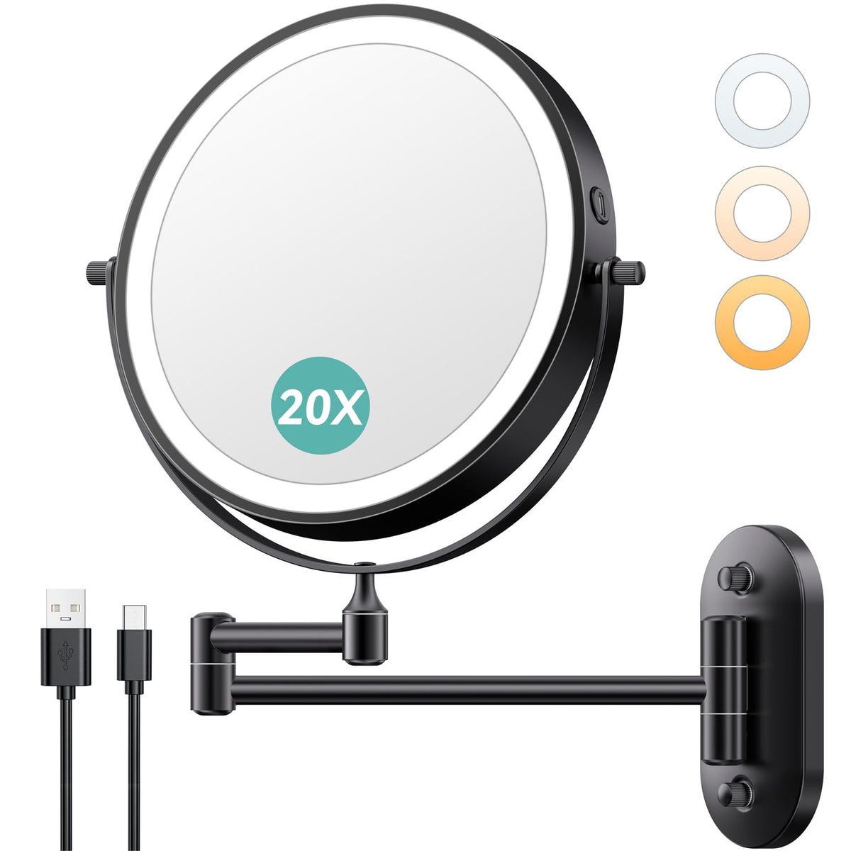 Auxmir 1X/20X Wall Mounted Makeup Mirror, 8" Rechargeable Magnifying Mirror