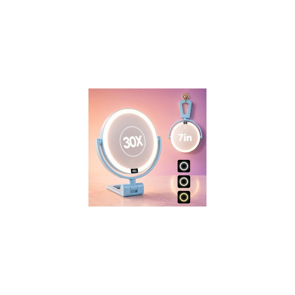 1X/30X Makeup Mirror with Lights, Rechargeable Magnifying Mirror