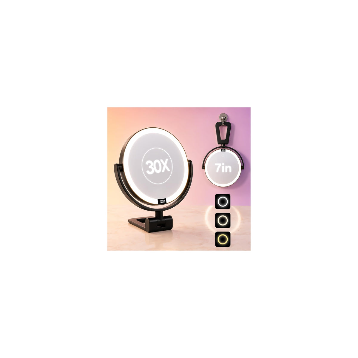1X/30X Makeup Mirror with Lights, Rechargeable Magnifying Mirror