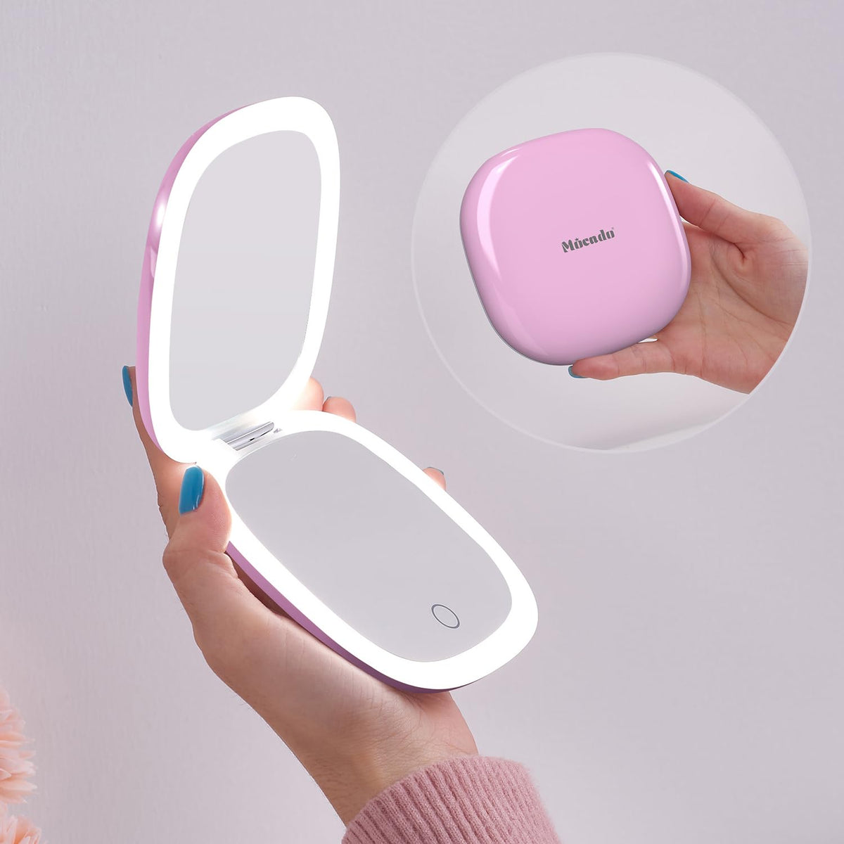 Mocado Compact LED Magnifying Travel Makeup-Mirror - 4 inches 1X/10X Magnification Small Hand Pocket Dimmable Double Sided USB Rechargeable Touch Screen, Portable Tabletop Cosmetic (Rose Gold)
