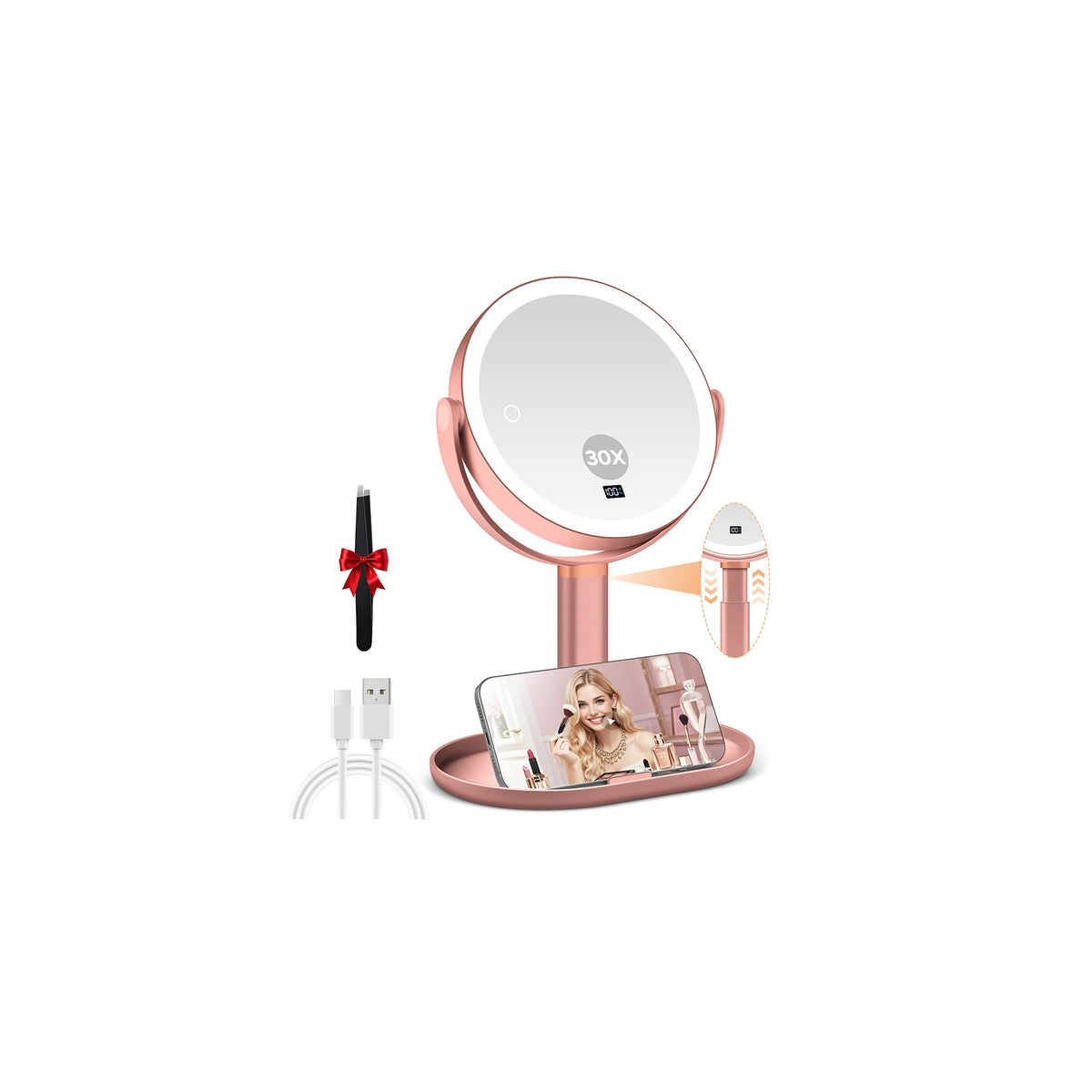 MIYADIVA Travel Makeup Mirror with Lights, Height Adjustable 30X/1X Double-Sided Magnifying Mirror, Portable Vanity Mirror with Digital Display & Phone Holder, Handheld Tabletop Hanging, Rose Gold