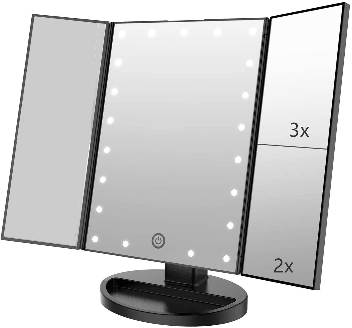 Flymiro Tri-fold Lighted Vanity Makeup Mirror with 3x/2x Magnification,Light up Mirror for Makeup,Touch Screen 21 LEDs,180° Rotation Countertop Cosmetic Mirror,Gifts for Women Mom Teen Girls