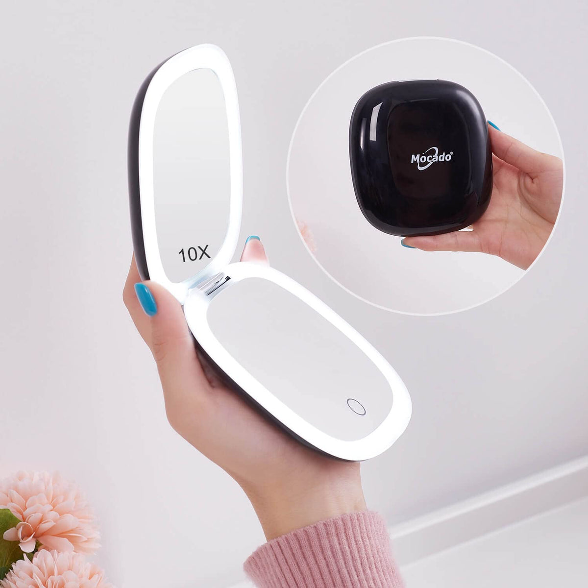 Mocado Compact LED Magnifying Travel Makeup-Mirror - 4 inches 1X/10X Magnification Small Hand Pocket Dimmable Double Sided USB Rechargeable Touch Screen, Portable Tabletop Cosmetic (Rose Gold)