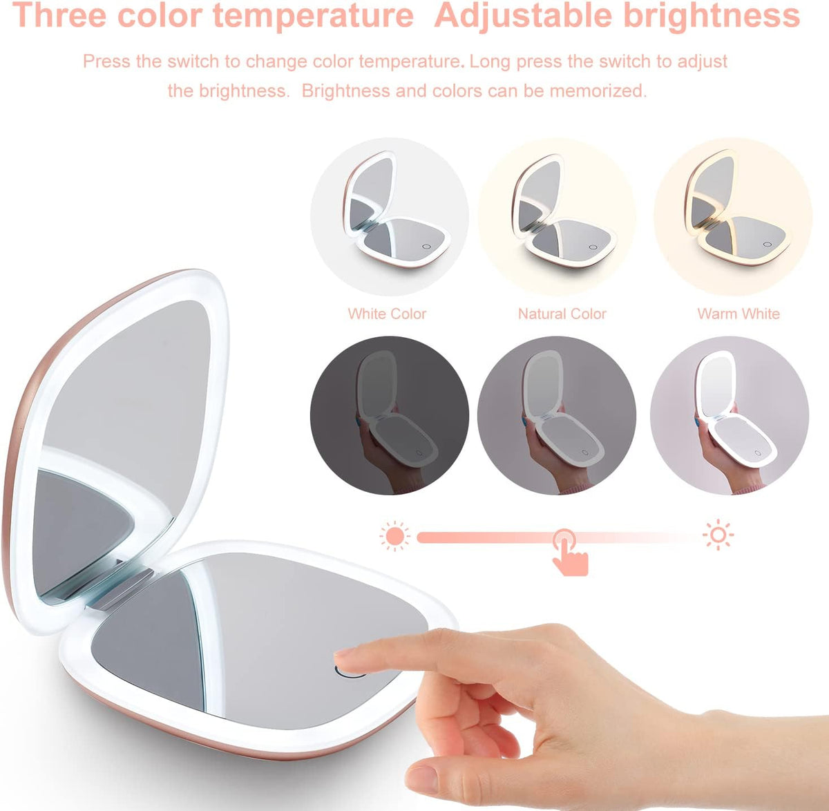 Mocado Compact LED Magnifying Travel Makeup-Mirror - 4 inches 1X/10X Magnification Small Hand Pocket Dimmable Double Sided USB Rechargeable Touch Screen, Portable Tabletop Cosmetic (Rose Gold)