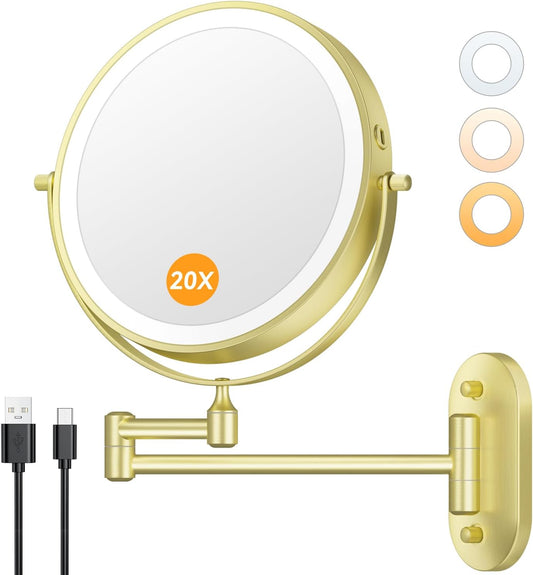 Auxmir 1X/20X Wall Mounted Makeup Mirror, 8" Rechargeable Magnifying Mirror