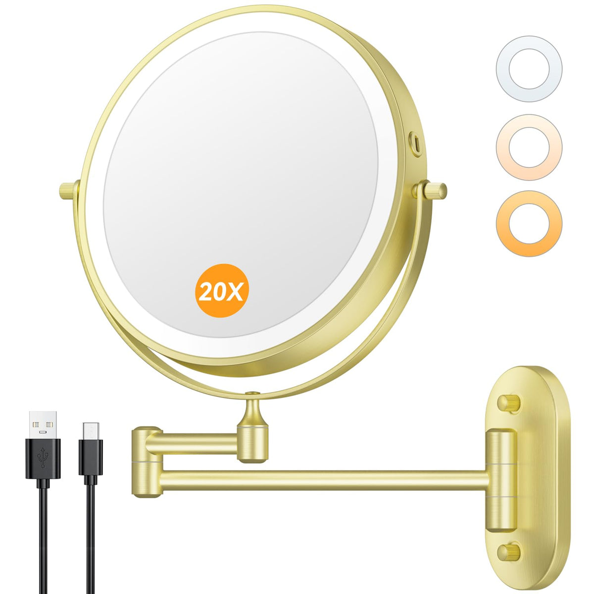 Auxmir 1X/20X Wall Mounted Makeup Mirror, 8" Rechargeable Magnifying Mirror