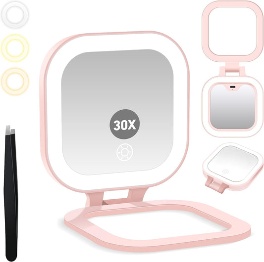 GOMIPURU Travel Mirror with Light, 1x/30x Magnifying Mirror with 3 Color Lights and Adjustable Brightness, 4.5x3.9 inch Small Compact Hangable Hand Pocket 3 Way Mirrors, Comes with Tweezer