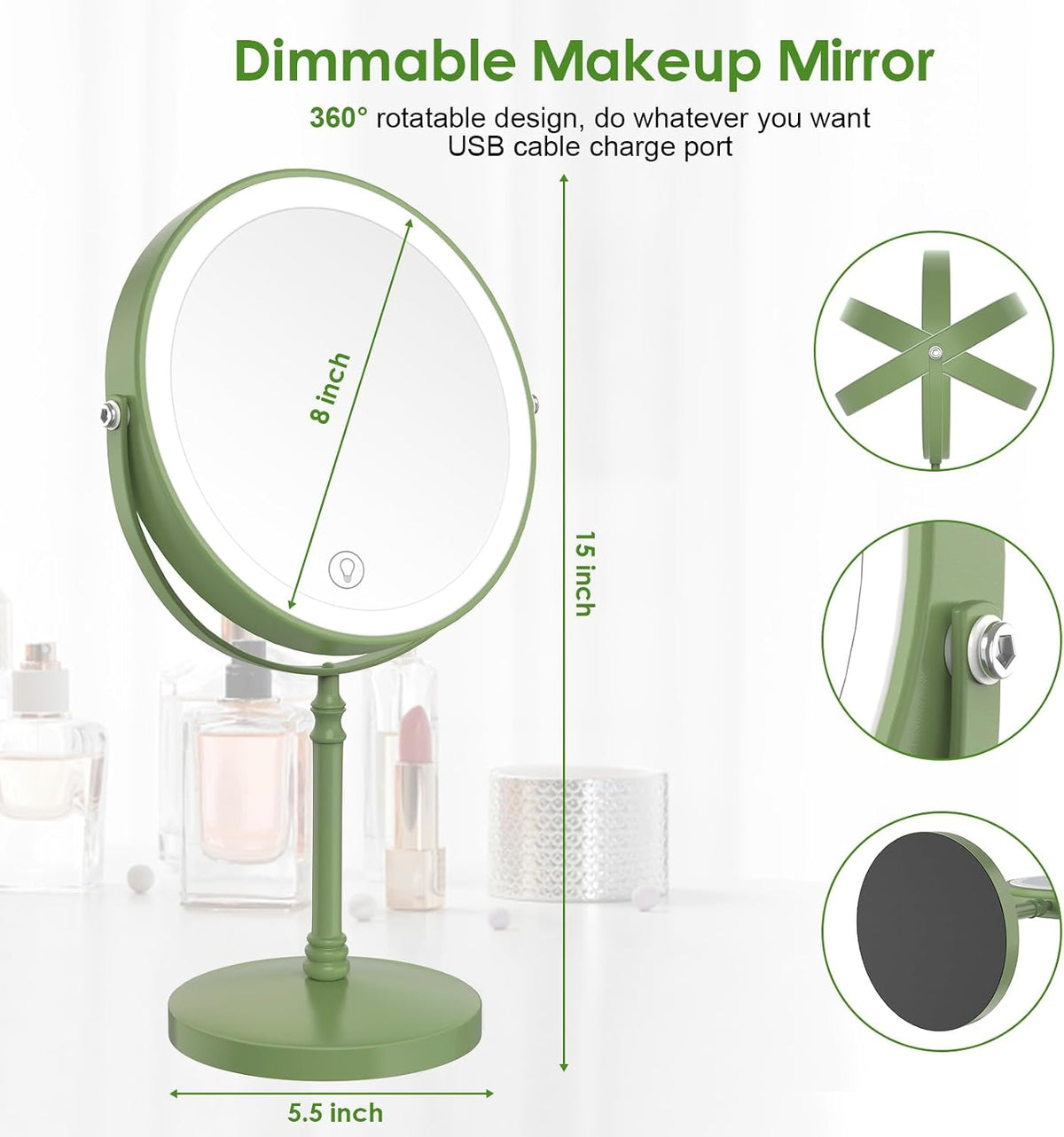 DEIOVWXS Makeup Mirror, Rechargeable Vanity Mirror with 3 Lights, 1X/10X