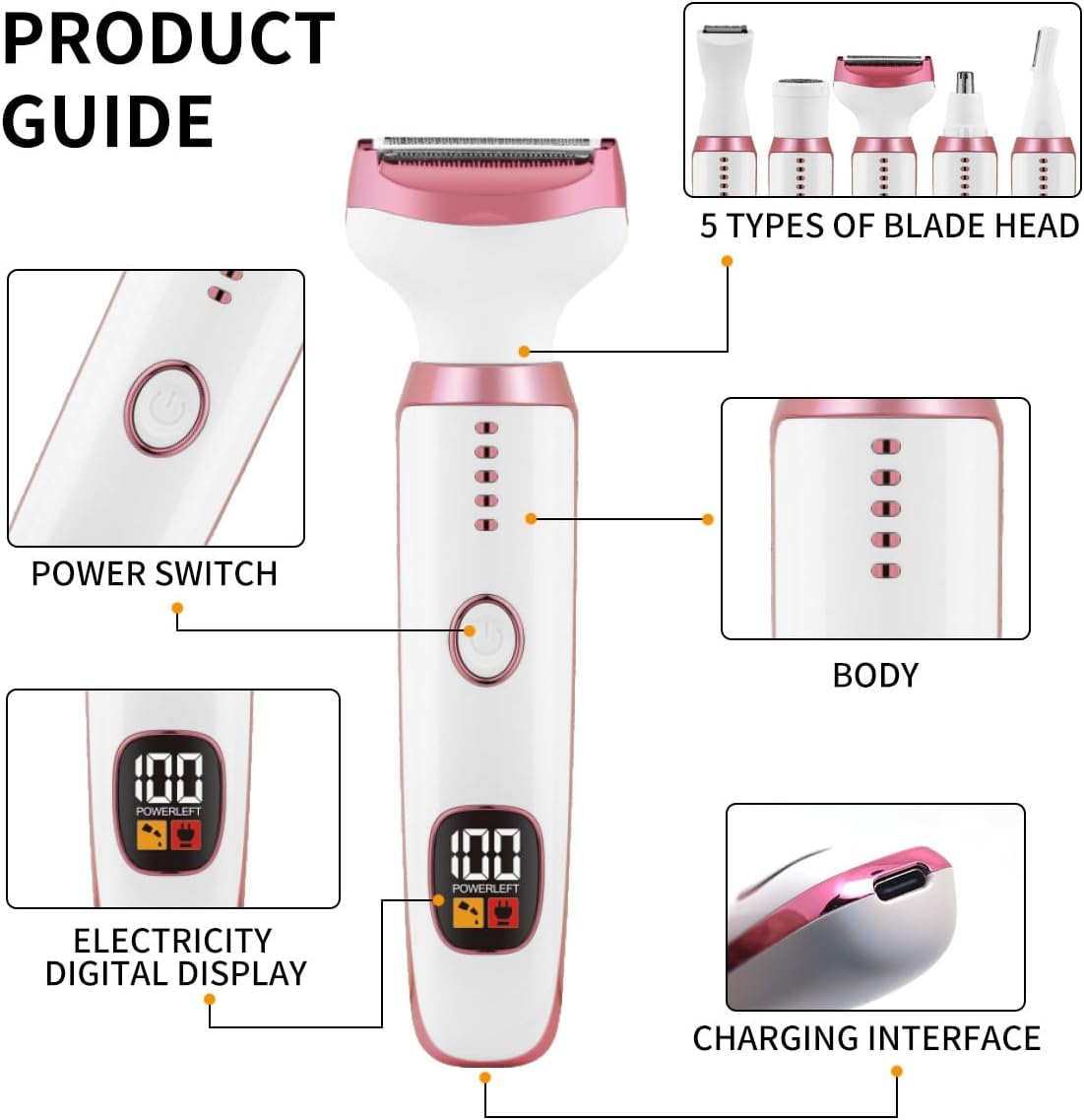 Electric Razors for Women, Bikini Trimmer for Women 5 in 1 Body Shaver for Nose Hair Face Eyebrow Arms Legs Armpit Underarm Pubic Area, Replaceable Lady Facial Razor Painless USB Charge Female Gift