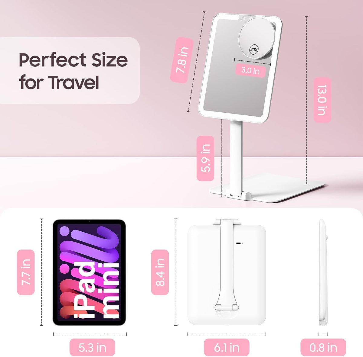 Benbilry Foldable Travel Makeup Mirror with Lights & 20X Magnifying, White