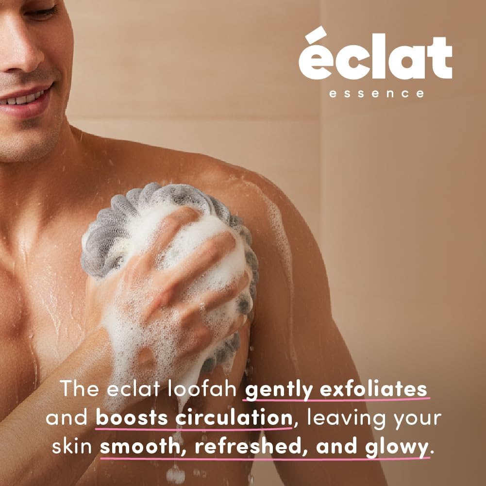Éclat Mesh Bath Sponge Loofah Ball, Soft Exfoliating Body Scrubber for Wash, Rich-Lather Nylon Net Puff with Quick-Dry Hanging Loop, Gentle Daily Cleanser (Pink/Grey, 2Pcs)