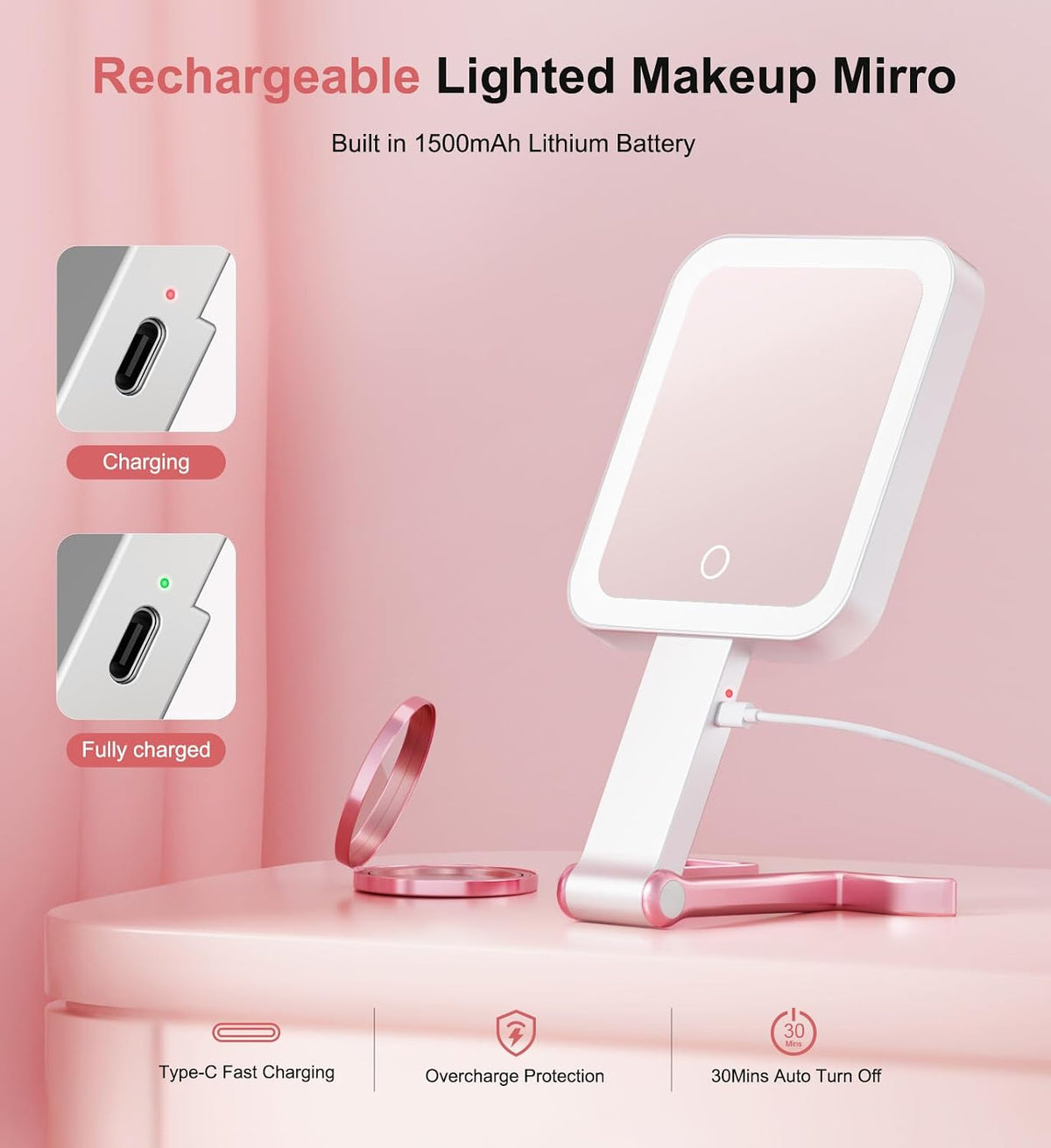 Travel Makeup Mirror with Lights, 10X/1X, 3 Colors, USB-C, Pink, Portable