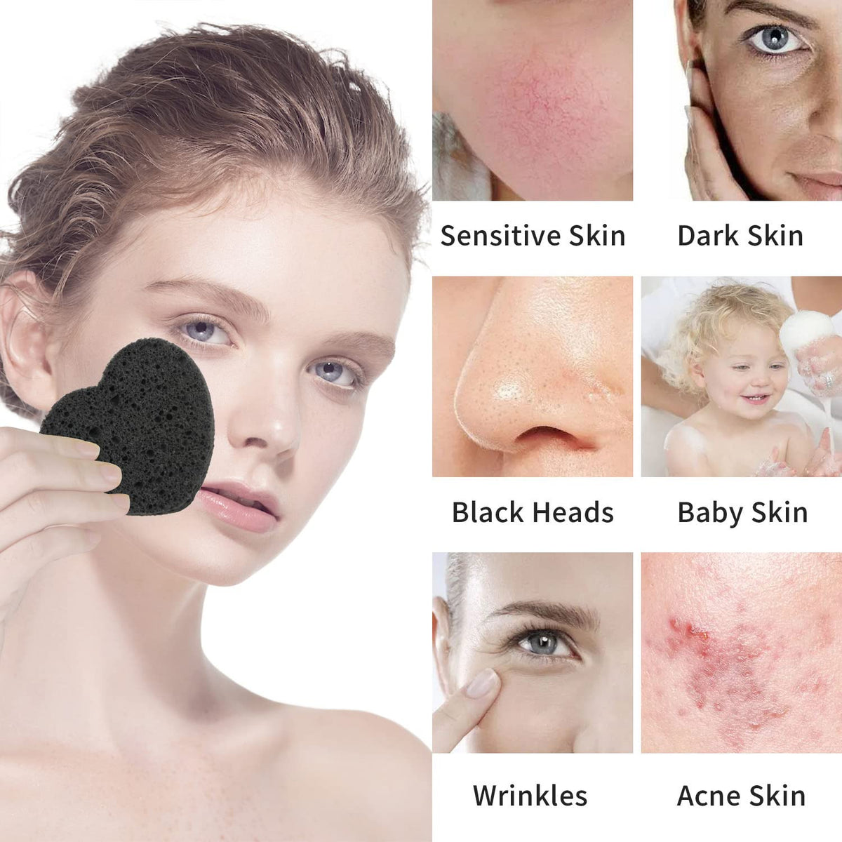 100-Count Compressed Facial Sponges for Estheticians Heart Shape Natural Cellulose Sponge Professional Cosmetic Spa Sponges for Face Cleansing, Massage, Pore Exfoliating, Mask, Makeup Removal, Black