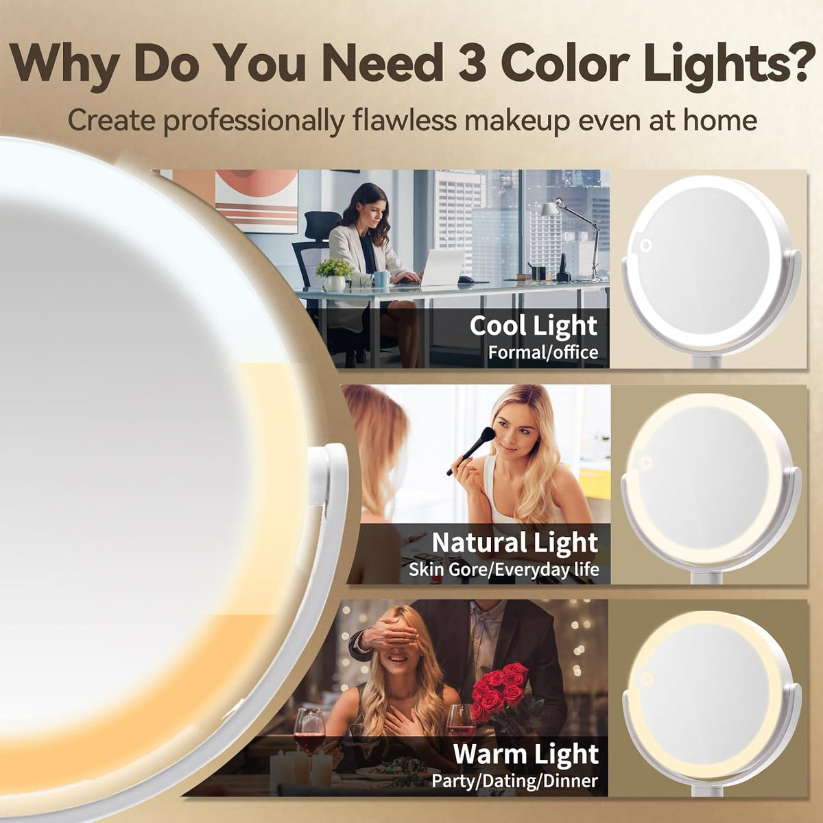 SANYCASA Makeup Mirror with Lights, Lighted Makeup Mirror with Magnification, 80 LED Vanity Mirror with Lights, 3 Color Modes & Stepless Dimming, Shatterp roof & Stable Base