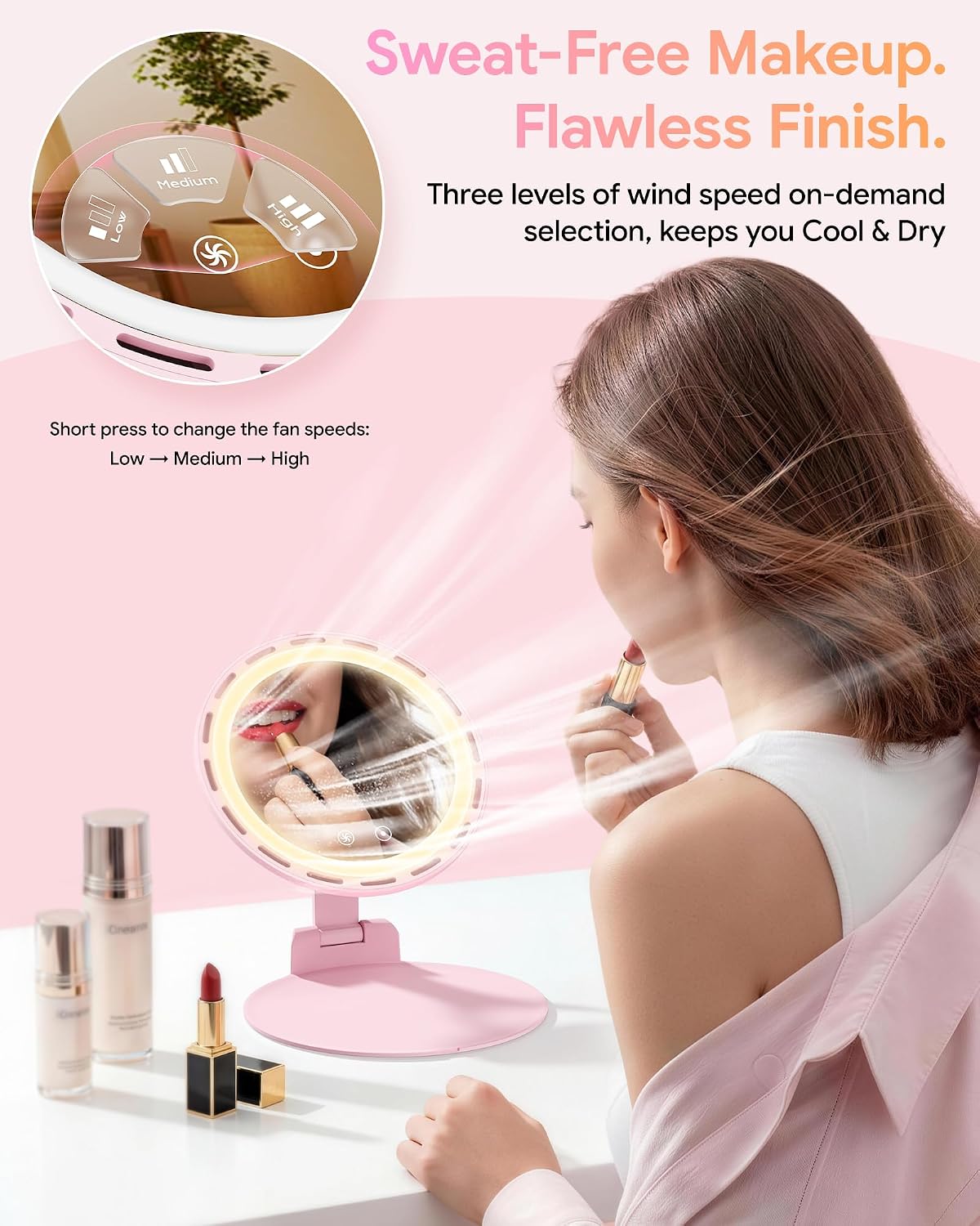 Gospire Foldable Lighted Makeup Mirror with Fan, 3-Speed & 3 Lights, Pink