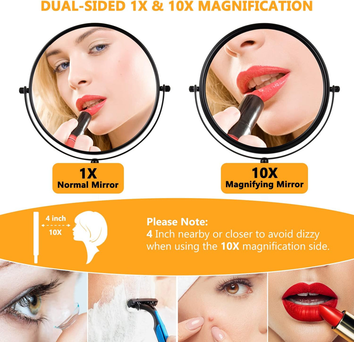 ALHAKIN 10x Magnifying Makeup Mirror, 8 Inch Tabletop Mirror Double Sided with Magnification, Swivel Make Up Mirror for Bathroom, Black
