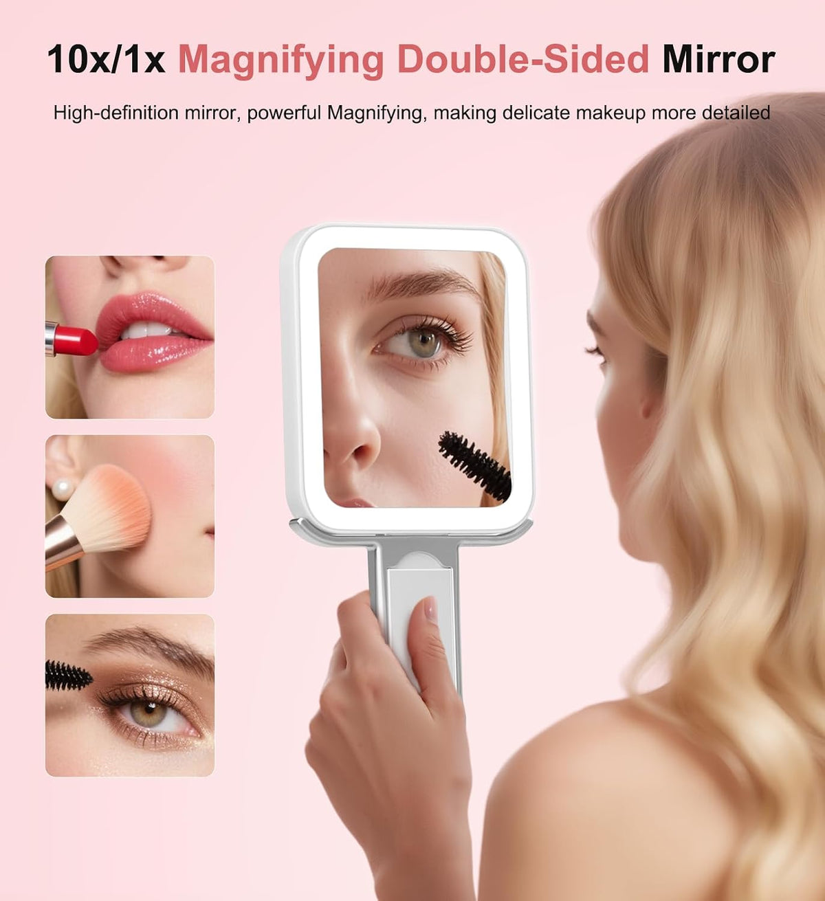 Travel Makeup Mirror with Lights, 10X/1X, 3 Colors, USB-C, Pink, Portable