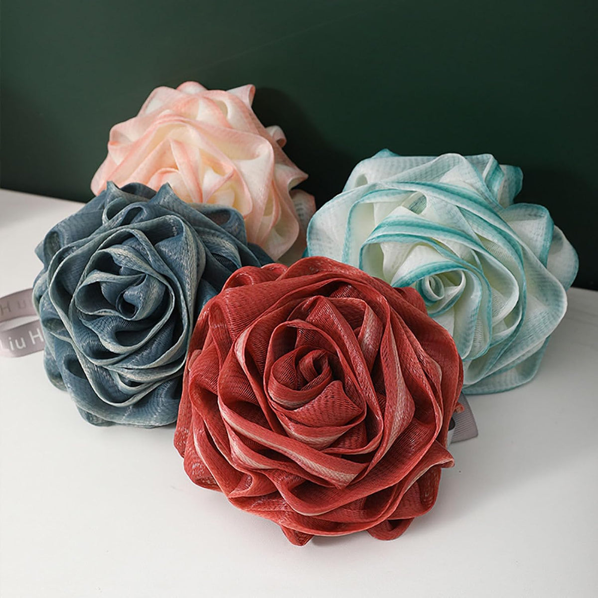 Body Wash Sponge Rose Shaped Shower Loofah Sponge 4.72inch 50g Body Shower Puff Fine Mesh Pouf Bath Scrunchies Exfoliating Cleaning Body Scrubber Balls for Women and Men (A-Pink)