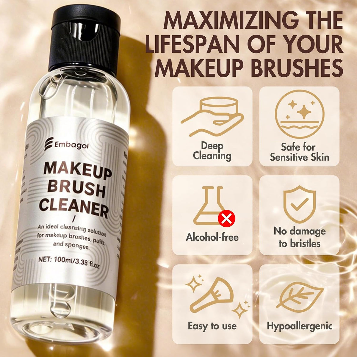 Makeup Brush Cleaner Kit with Cleaning Bowl, Make Up Brush Cleansers Solution for Sponges, Puffs and Brushes - Gentle Formula, Cruelty Free(2-pieces set, 100ml/3.38 fl oz + Khkai)