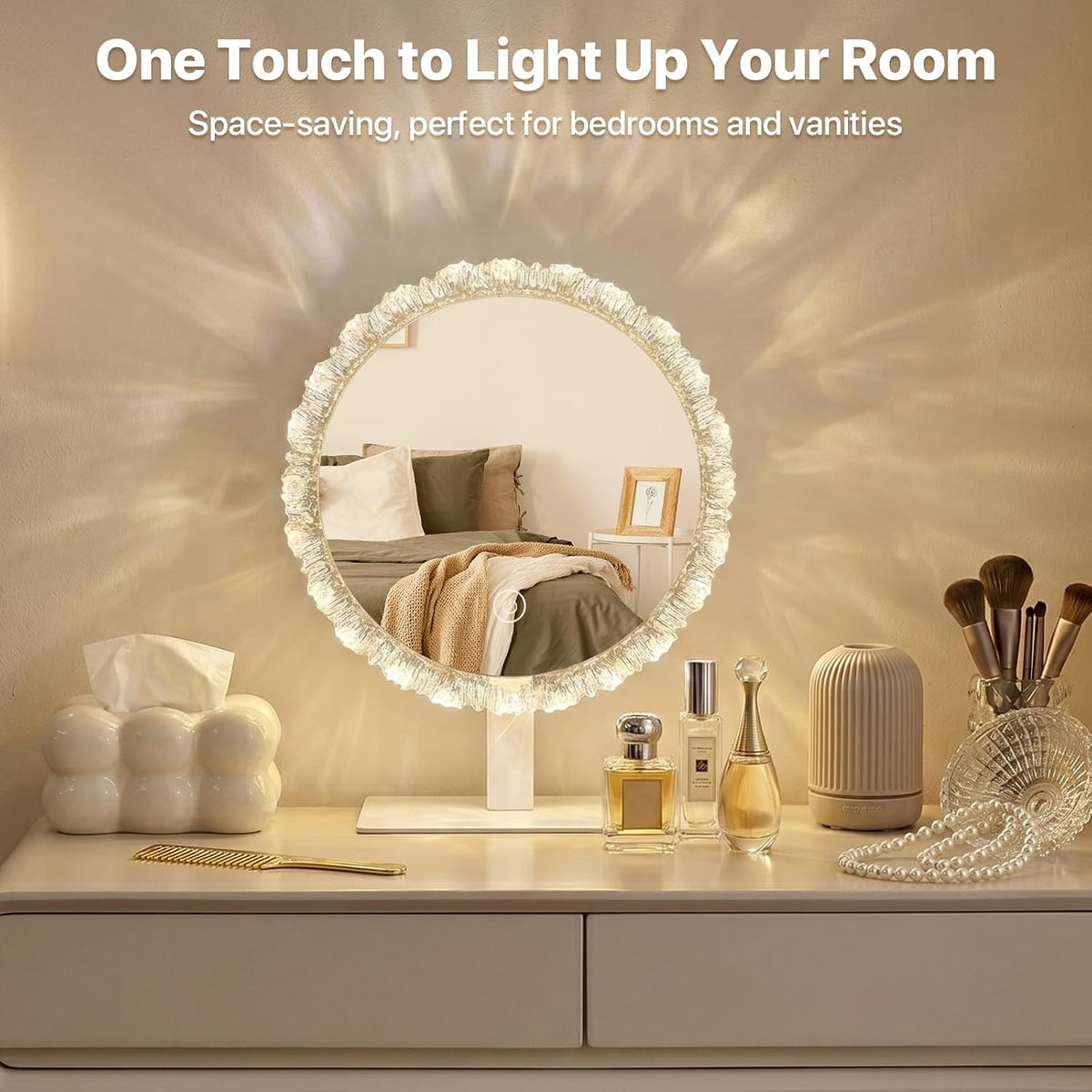 Crystal Vanity Mirror, 12" Silver LED Makeup Mirror, 3CCT, Round