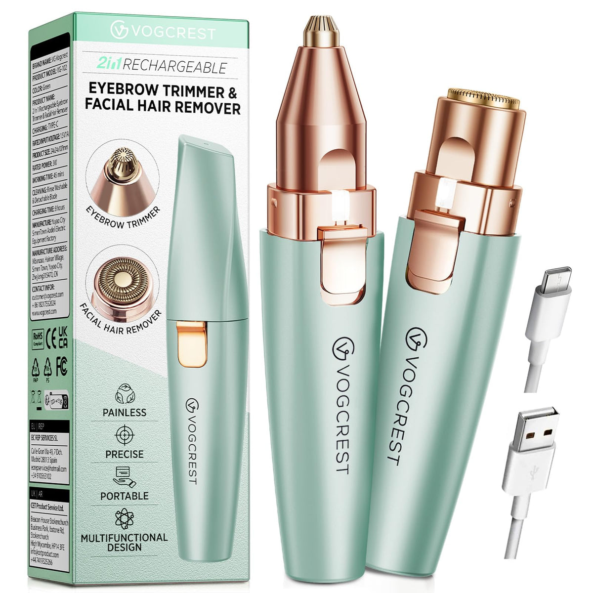 VG VOGCREST Eyebrow & Facial Trimmer: 2 in1 Rechargeable Facial Hair Removal & Eyebrow Shaver - Body Razor with Built-in LED Light (Rose Gold)