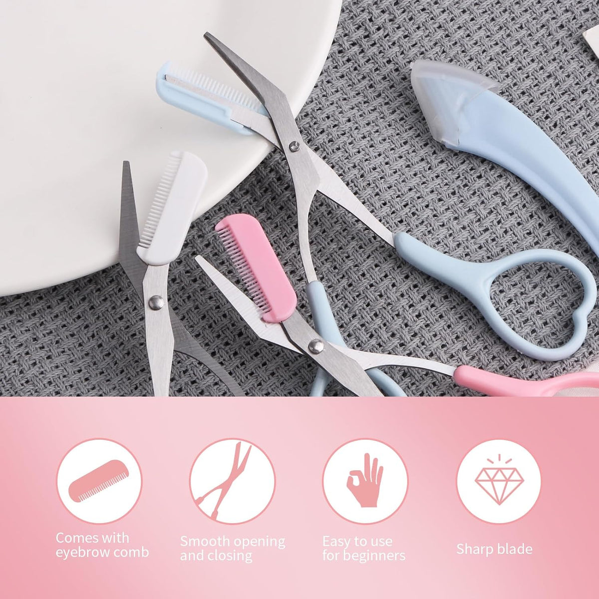 Eyebrow Scissors with Eyebrow Razor,Eyebrow Trimmer with Comb,Non Slip Finger Grips Trimmer Eyebrow Scissors, Hair Removal Beauty Accessories for Men Women (White. Pink. Blue.)