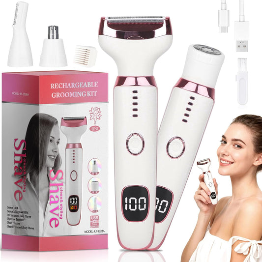 2026 Electric Razor for Women Men,4 in 1 Ladies Wet & Dry Body Razors and Facial Hair Remover, Rechargeable LED Display Hair Removal Kit for Nose Face Body Bikini Hair
