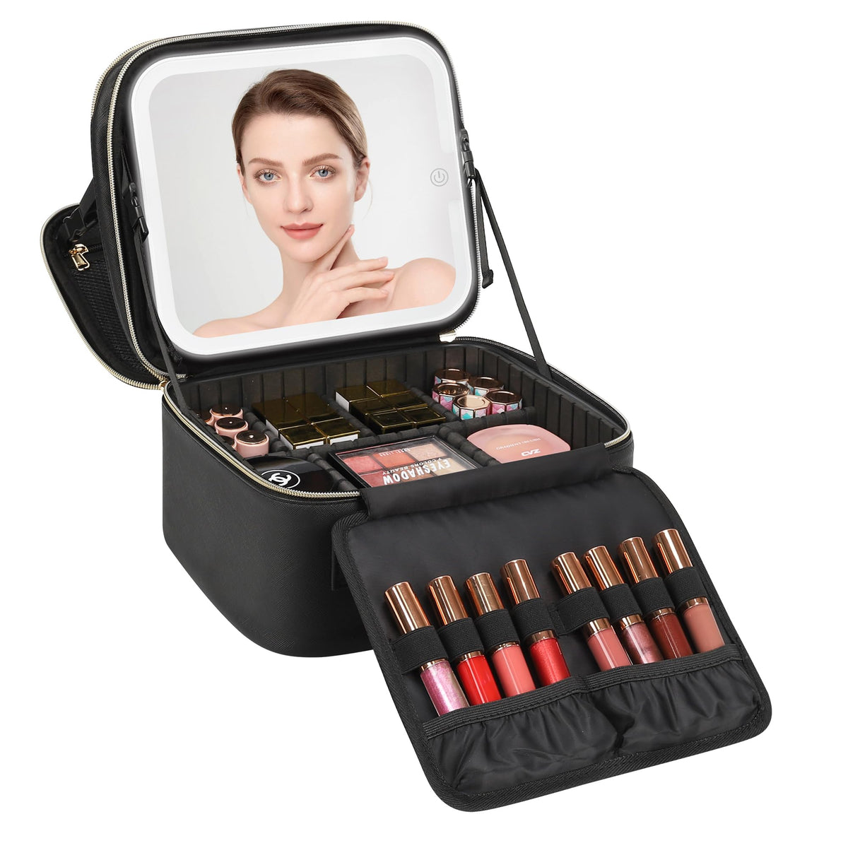 Relavel Travel Makeup Bag With LED Mirror, Cosmetic Train Case with Light up Mirror, Portable Makeup Artist Organizer Bag with Adjustable Dividers, Makeup Brush Holder Storage, Black