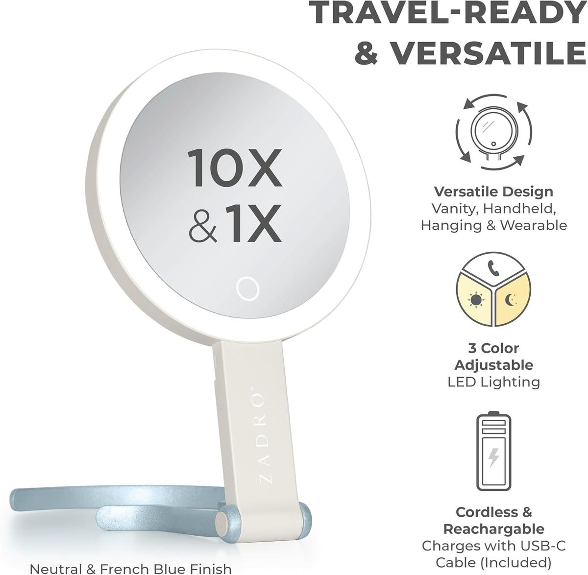 Zadro LED Lighted Makeup Mirror, 2-Sided with 1x & 10x Magnification, Rechargeable Portable Vanity Mirror with 3 Dimmable Color Settings, Handheld & Hands-Free Design, 6.25 Inch (Neutral/French Blue)
