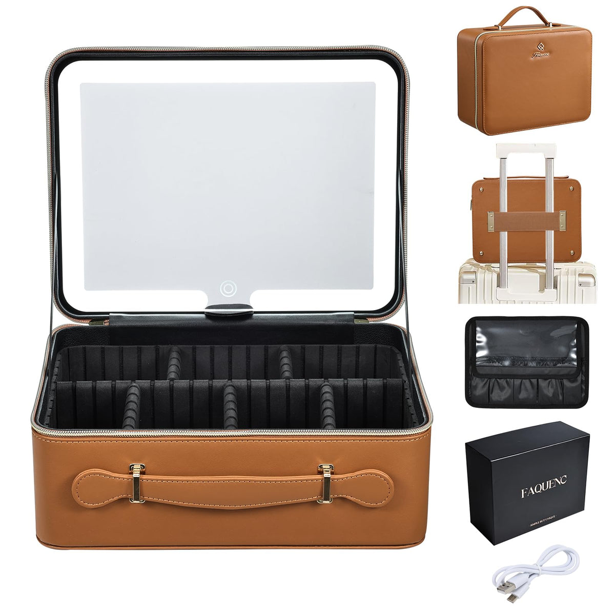 Faquenc Leather Makeup Case with LED Lighted Mirror 11.4 Inch Travel Makeup Bag Adjustable Brightness in 3 Colors Cosmetic Organizer Artist Storage Bag with Dividers Brush Holder Bag Vanity White